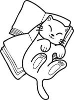 Hand Drawn cat lying on stack of books illustration in doodle style vector