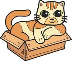 Hand Drawn striped cat in box illustration in doodle style vector