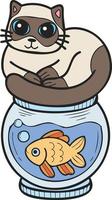 Hand Drawn cat on Fish Bowl illustration in doodle style vector