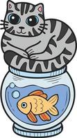 Hand Drawn striped cat on Fish Bowl illustration in doodle style