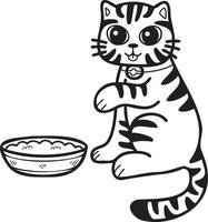 Hand Drawn striped cat eating food illustration in doodle style vector