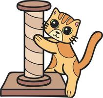 gato rayado dibujado a mano con ilustración de poste de escalada de gato en estilo garabato vector