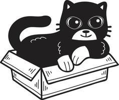 gato dibujado a mano en la ilustración de la caja en estilo garabato vector