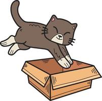 Hand Drawn kitten jumped into the box illustration in doodle style vector