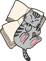 gato rayado dibujado a mano acostado en una pila de libros ilustrados en estilo garabato vector