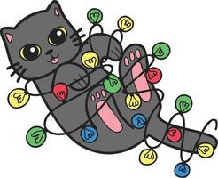 gato dibujado a mano jugando con ilustración de bombilla en estilo garabato vector