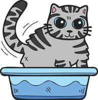 Hand Drawn striped cat with tray illustration in doodle style