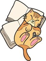 Hand Drawn striped cat lying on stack of books illustration in doodle style vector