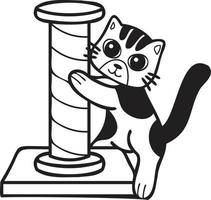 Hand Drawn striped cat with cat climbing pole illustration in doodle style vector