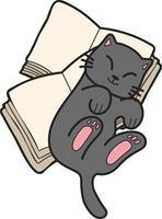 gato dibujado a mano acostado en una pila de libros ilustrados en estilo garabato vector