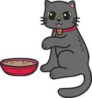 gato dibujado a mano comiendo ilustración de comida en estilo garabato vector