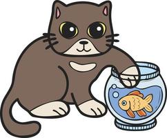 gato dibujado a mano jugando con ilustración de peces en estilo garabato vector