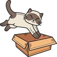 gatito dibujado a mano saltó a la ilustración de la caja en estilo garabato vector