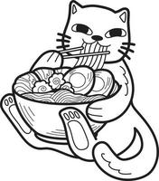 gato dibujado a mano comiendo ilustración de fideos en estilo doodle vector