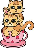 gato o gatito rayado dibujado a mano con ilustración de taza de café en estilo garabato vector
