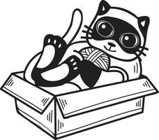 Hand Drawn striped cat playing with yarn in a box illustration in doodle style vector