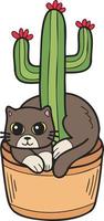 Hand Drawn cat and cactus illustration in doodle style vector