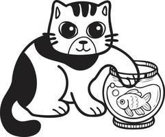 gato rayado dibujado a mano jugando con ilustración de peces en estilo garabato vector
