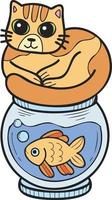 Hand Drawn striped cat on Fish Bowl illustration in doodle style vector