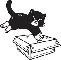 Hand Drawn kitten jumped into the box illustration in doodle style vector