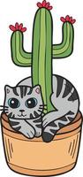 Hand Drawn striped cat and cactus illustration in doodle style vector