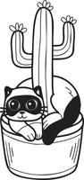 Hand Drawn cat and cactus illustration in doodle style vector