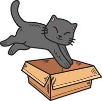 Hand Drawn kitten jumped into the box illustration in doodle style vector