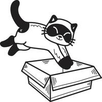 Hand Drawn kitten jumped into the box illustration in doodle style vector