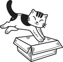 Hand Drawn striped cat jumped into the box illustration in doodle style vector