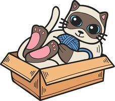 Hand Drawn striped cat playing with yarn in a box illustration in doodle style vector