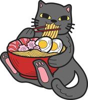 Hand Drawn cat eating noodles illustration in doodle style vector