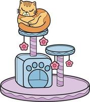 Hand Drawn striped cat with cat climbing pole illustration in doodle style vector