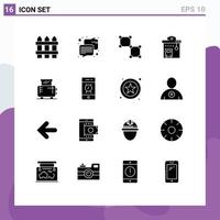 Set of 16 Vector Solid Glyphs on Grid for home stop connection station bus station Editable Vector Design Elements