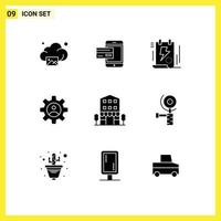 9 Thematic Vector Solid Glyphs and Editable Symbols of gear bolt credit file document Editable Vector Design Elements