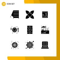 Modern Set of 9 Solid Glyphs and symbols such as movie fork locker knife plate Editable Vector Design Elements