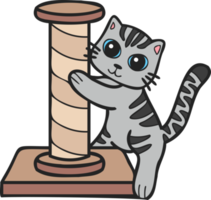 Hand Drawn striped cat with cat climbing pole illustration in doodle style png