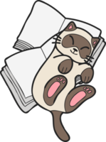 gato dibujado a mano acostado en una pila de libros ilustrados en estilo garabato png