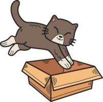 Hand Drawn kitten jumped into the box illustration in doodle style png