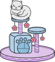 gato desenhado à mão com ilustração de poste de escalada de gato no estilo doodle png