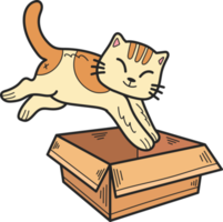 Hand Drawn striped cat jumped into the box illustration in doodle style png