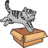 Hand Drawn striped cat jumped into the box illustration in doodle style png