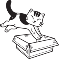 Hand Drawn striped cat jumped into the box illustration in doodle style png