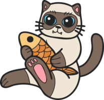 Hand Drawn cat eating fish illustration in doodle style png