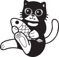 chat dessiné à la main mangeant du poisson illustration dans un style doodle png