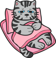 Hand Drawn sick striped cat sleeping on pillow illustration in doodle style png