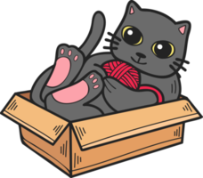 Hand Drawn cat playing with yarn in a box illustration in doodle style png