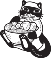 gato desenhado de mão comendo ilustração de macarrão no estilo doodle png