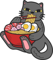 Hand Drawn cat eating noodles illustration in doodle style png