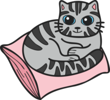 Hand Drawn striped cat sleeping on pillow illustration in doodle style png