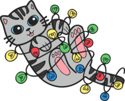 Hand Drawn striped cat playing with light bulb illustration in doodle style png